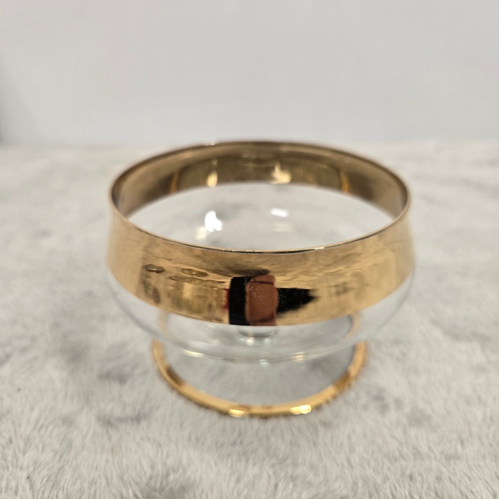 Vintage Mid Century Gold Rim Footed Dessert Bowl Coupe Glass Hollywood Regency